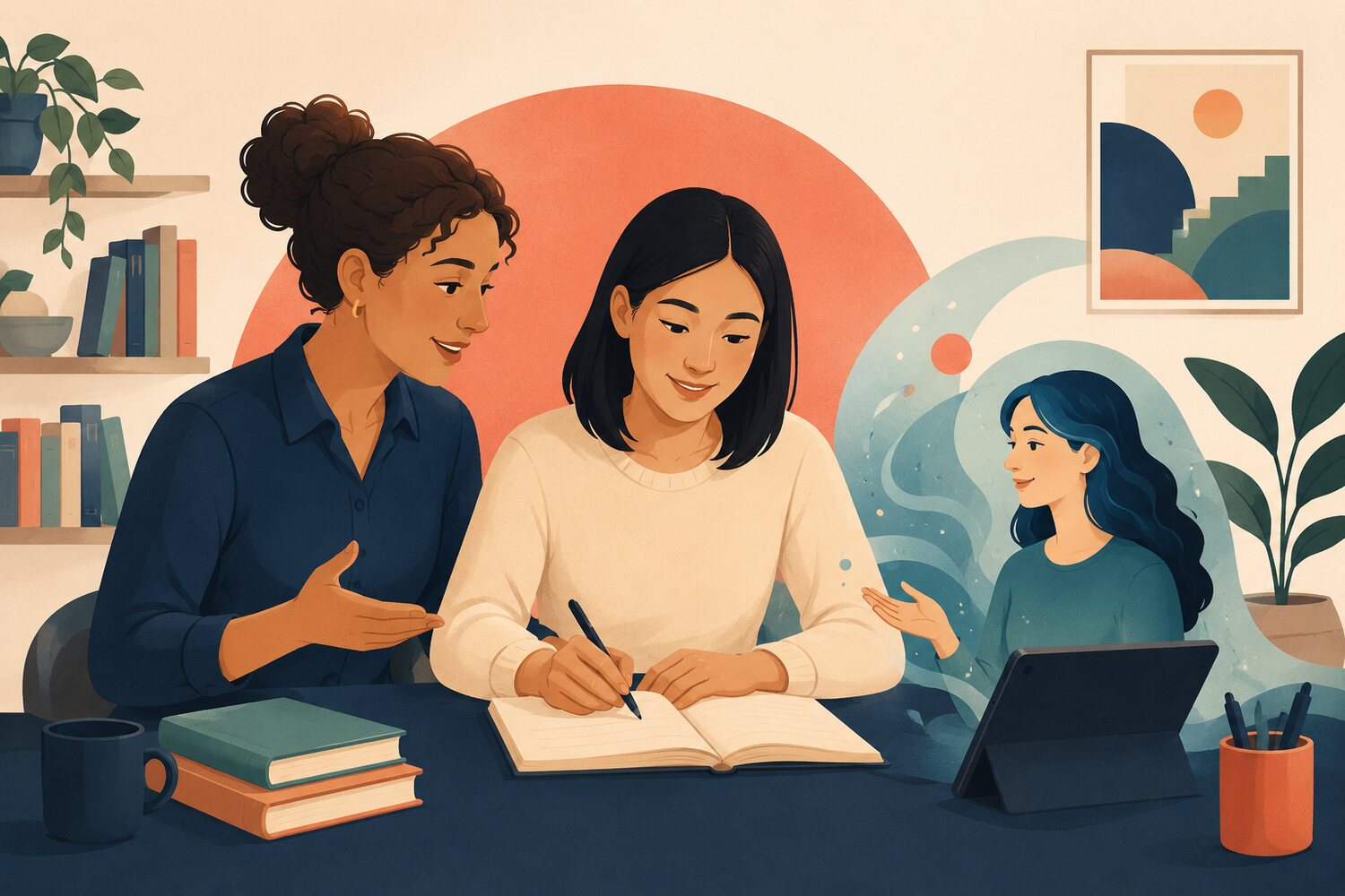 Learner working with a human teacher and an AI language coach.