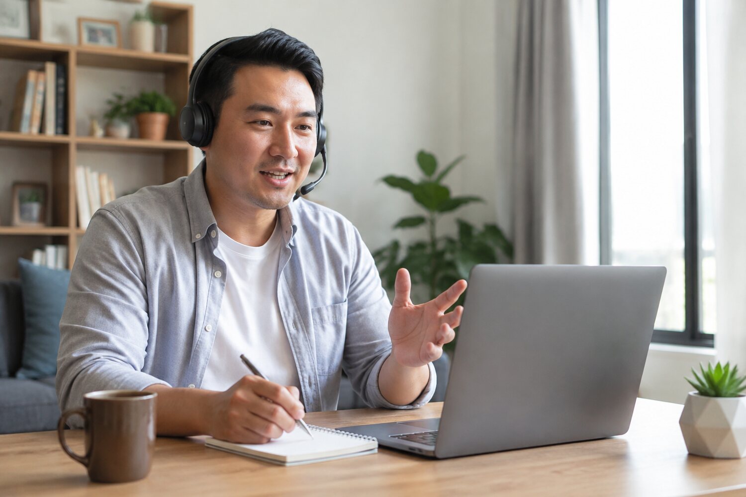 Adult learner speaking during an online language lesson at home.