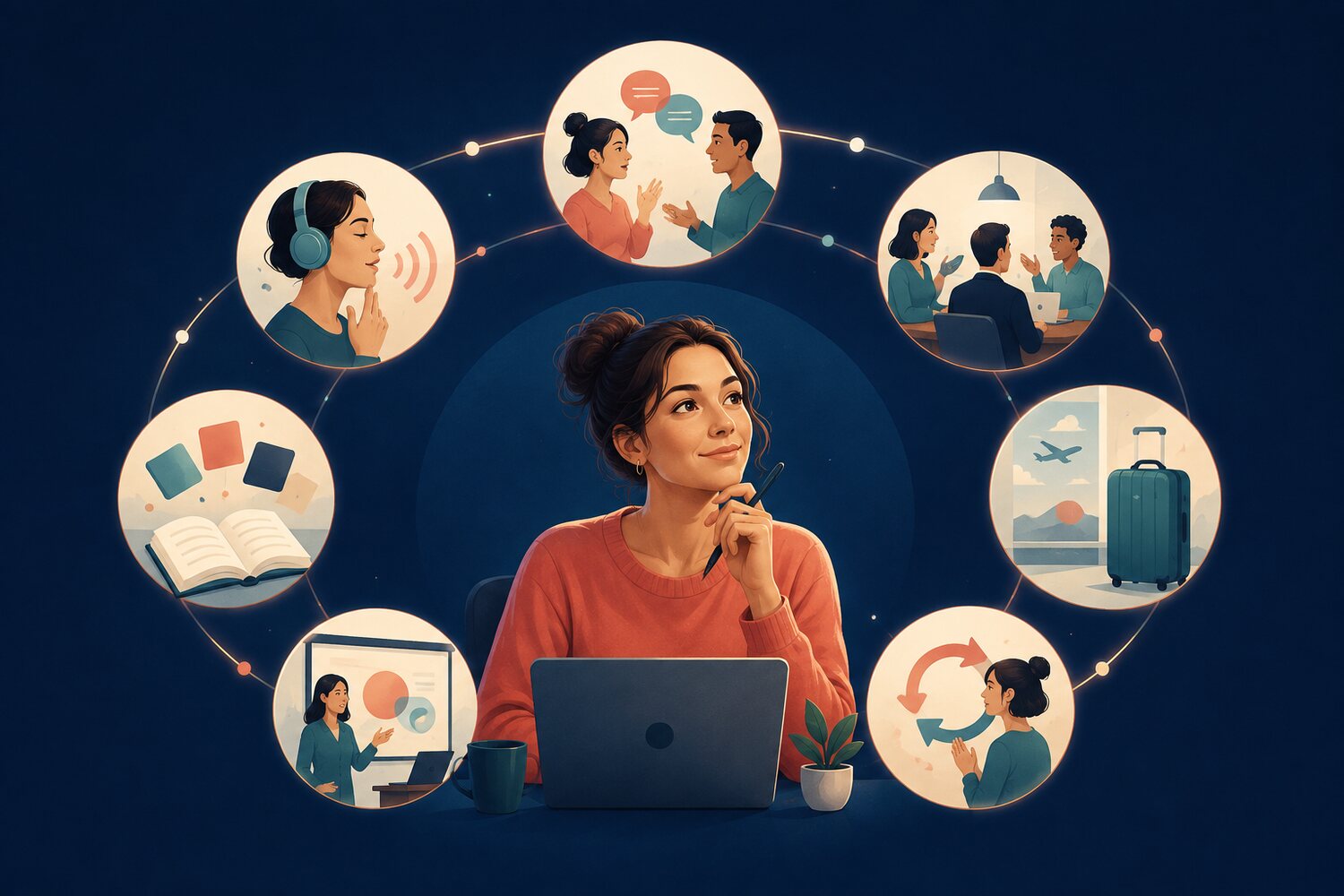 Seven visual cues for practical language practice with an AI coach.